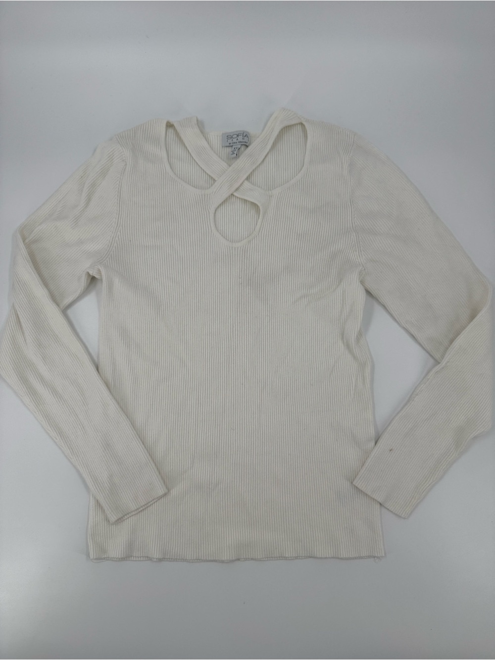 SOFIA by Sofia Vergara Cream Ribbed Long-Sleeve Top with Keyhole Neck Sz XXL